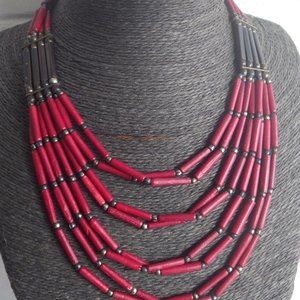 Amazing Monies StyleTribal Strand Elongated Oxblood Red Horn & Pewter Necklace